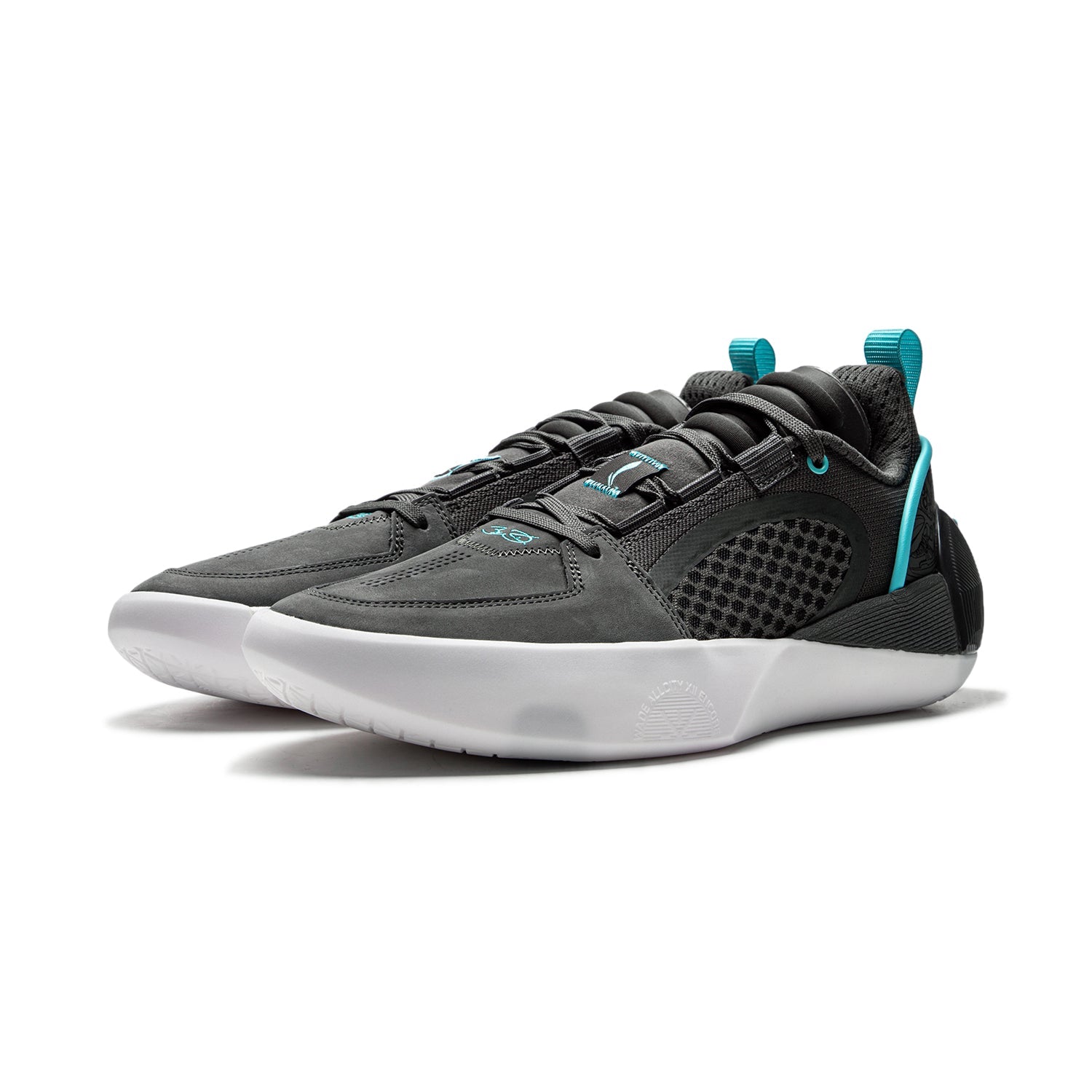 Men's basketball shoe front-angled, dark charcoal upper, teal heel loop, white midsole
