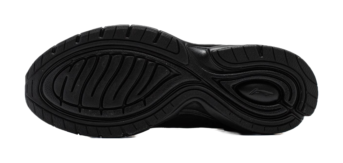 Black running shoe outsole with deep tread pattern and flex grooves