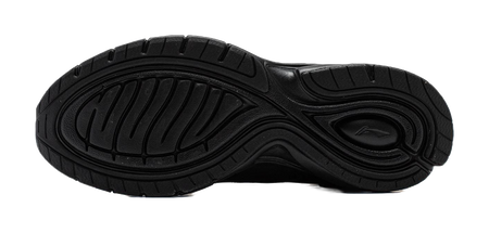 Black running shoe outsole with deep tread pattern and flex grooves