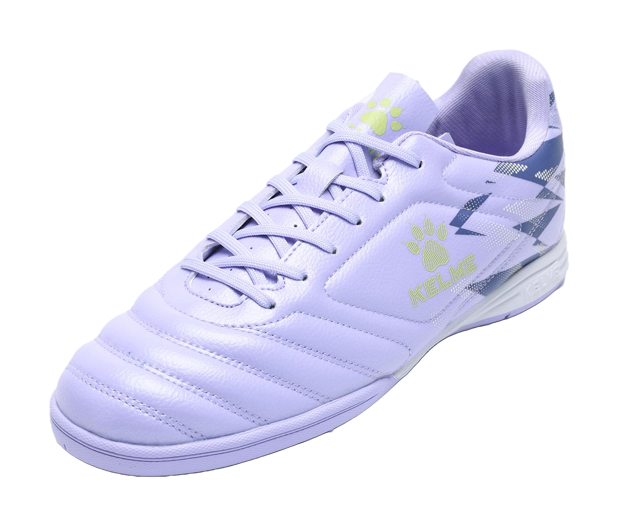 Lilac purple TF turf soccer shoes, front-left view with paw logo on side and laces