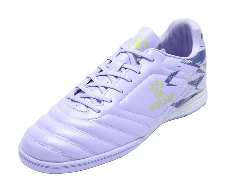 Lilac purple TF turf soccer shoes, front-left view with paw logo on side and laces