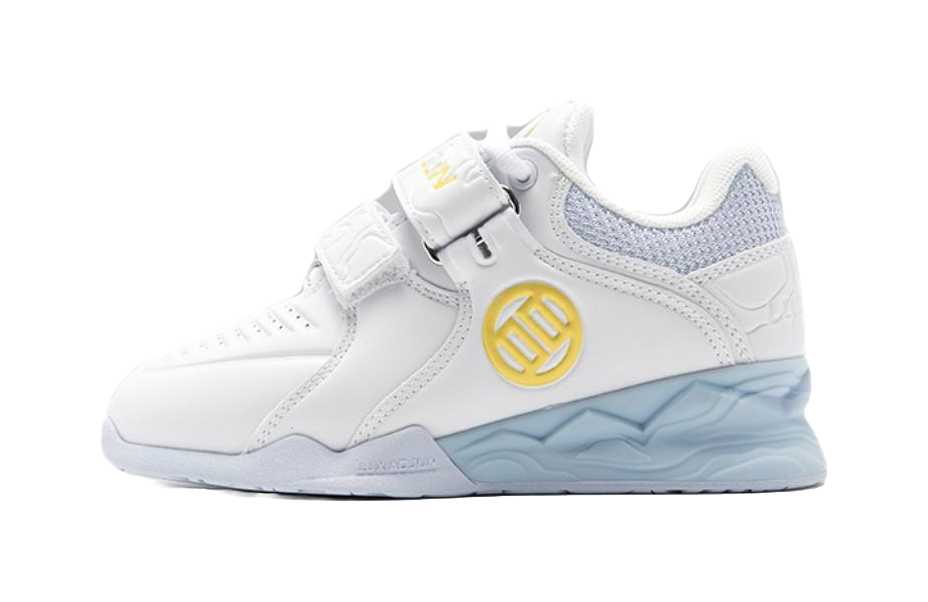 White low-top training shoe with light-blue panels and hook-and-loop strap