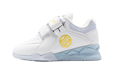 White low-top training shoe with light-blue panels and hook-and-loop strap