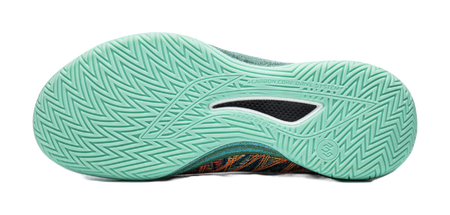 Low-top basketball shoe outsole in teal with Carbon Core tread pattern.