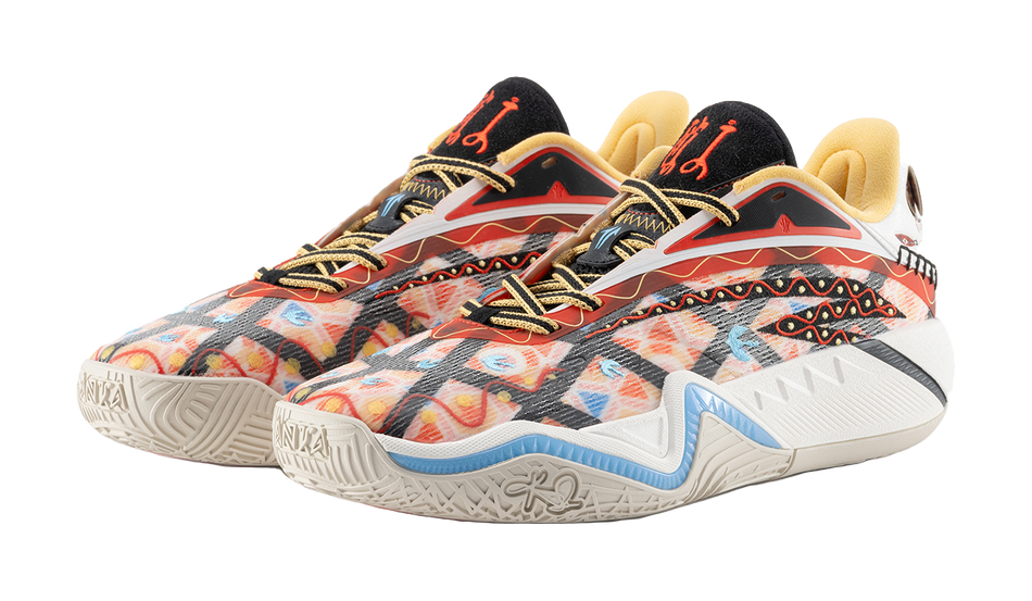 Pair of basketball shoes with multicolor patterned uppers and white chunky soles