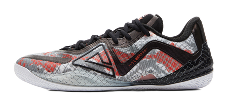 Black and red basketball shoe with speckled pattern and black laces