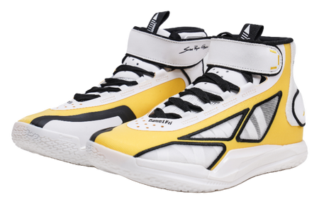 High-top basketball shoe with white upper, yellow side panel, and black trim