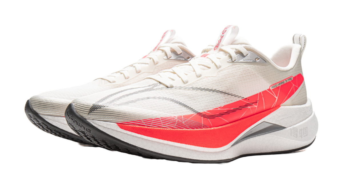 Li-Ning running shoe, white knit upper with red forefoot design and gray outsole edge
