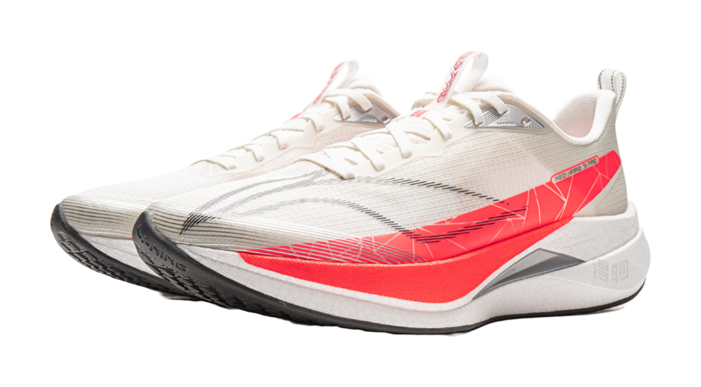 Li-Ning running shoe, white knit upper with red forefoot design and gray outsole edge