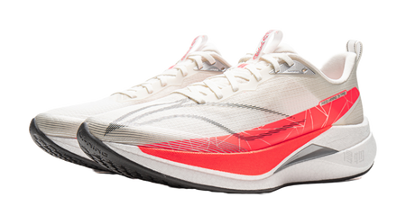 Li-Ning running shoe, white knit upper with red forefoot design and gray outsole edge