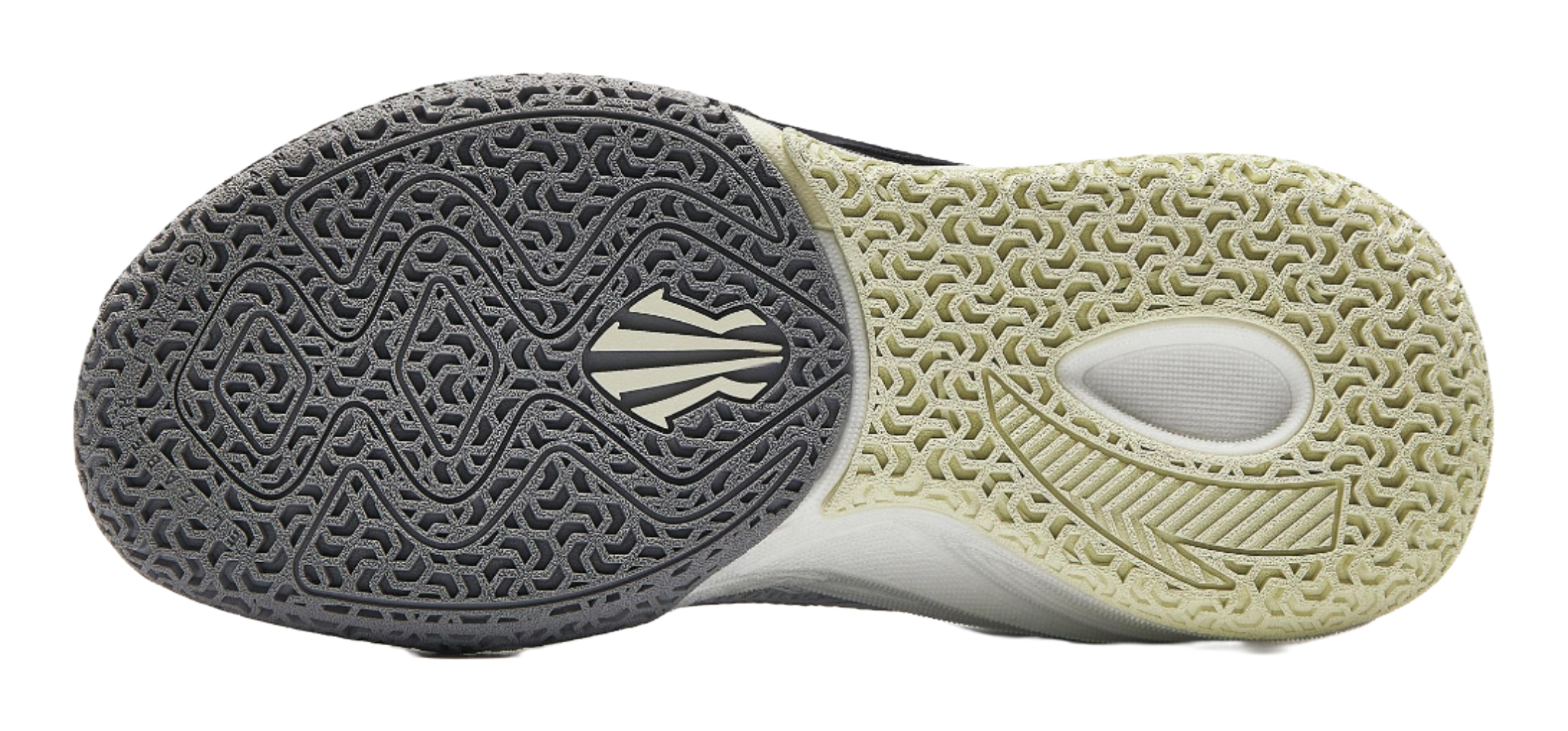 Basketball shoe outsole view: dark patterned forefoot and light traction rubber.