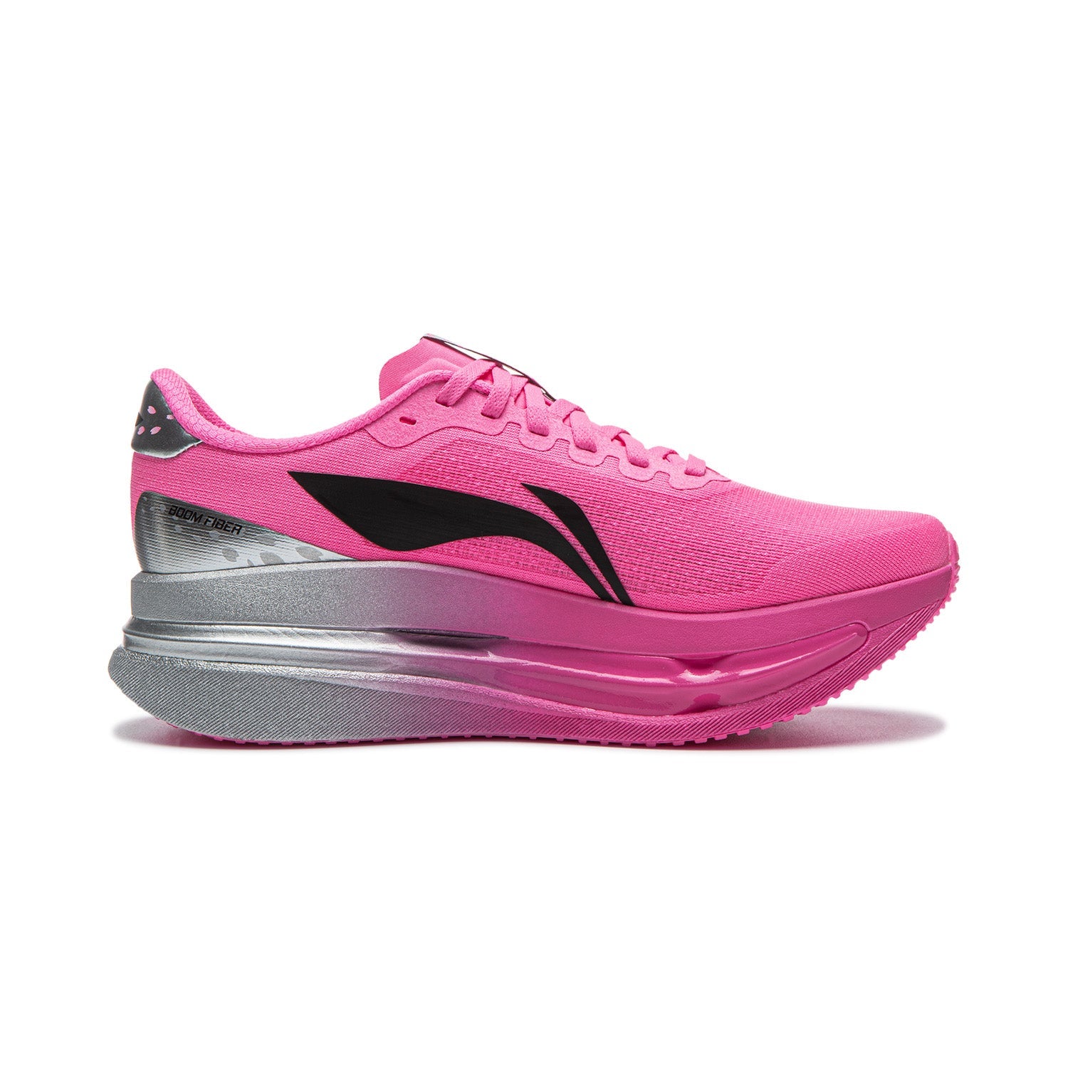 Women's pink running shoe with black side panel, lace-up knit upper, layered gray midsole