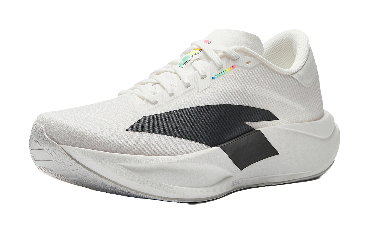White running shoe with lace-up front, black midfoot stripe, and cushioned sole
