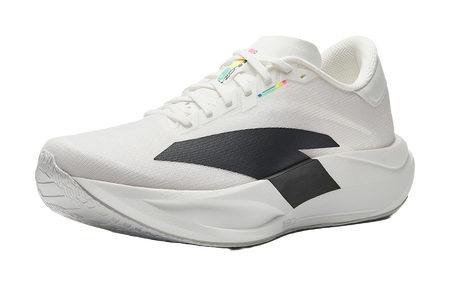 White running shoe with lace-up front, black midfoot stripe, and cushioned sole