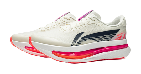 Men's running shoes with white upper, navy accent panel, and pink-and-red midsole