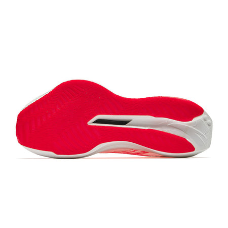 Women's running shoe outsole, red rubber tread with white midsole and side panel.