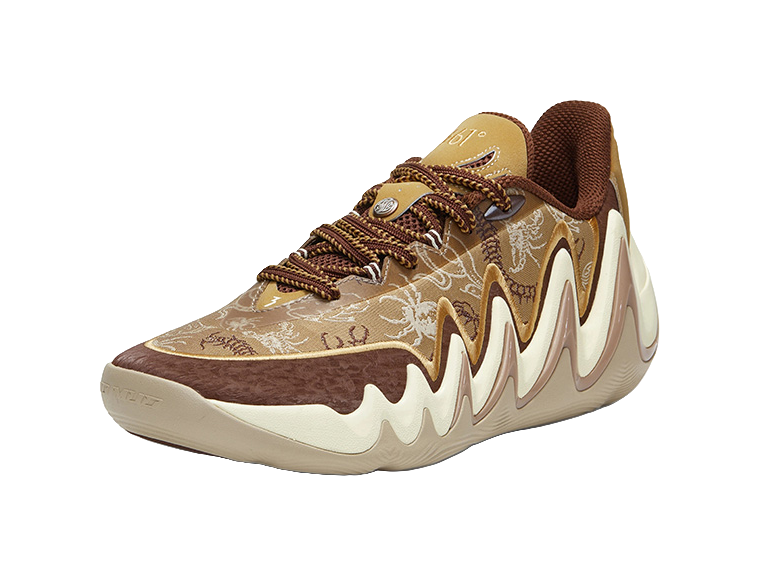 Men's low-top basketball shoes, tan/brown laced upper with white zigzag side