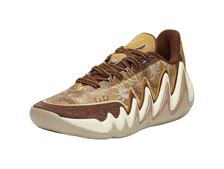 Men's low-top basketball shoes, tan/brown laced upper with white zigzag side