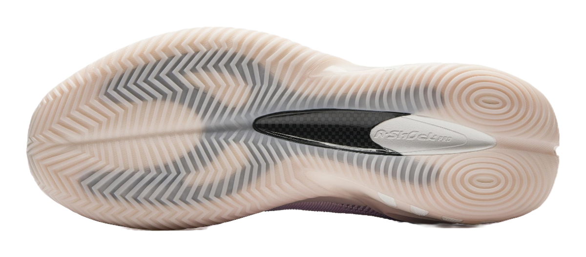 Basketball shoe outsole with textured traction tread on off-white rubber sole
