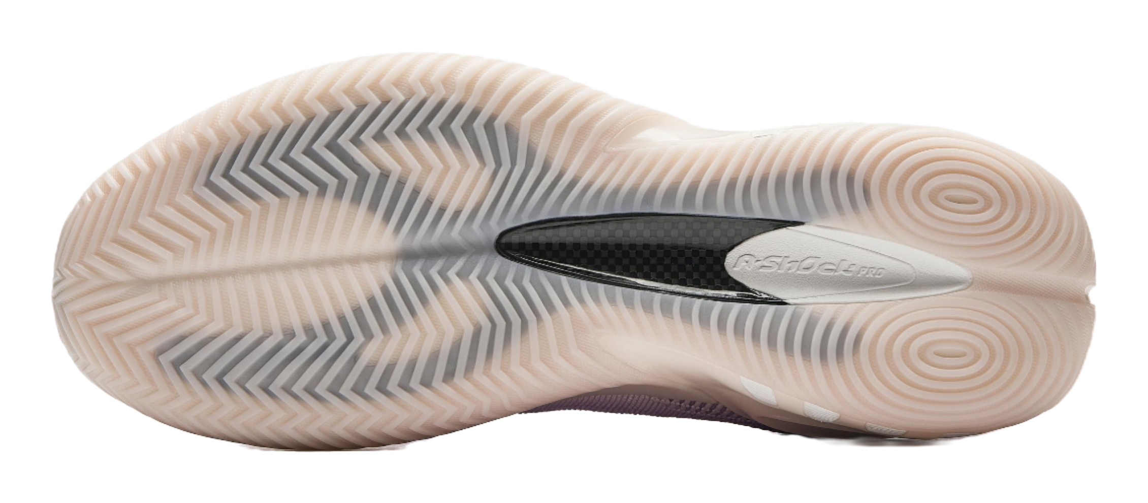 Basketball shoe outsole with textured traction tread on off-white rubber sole