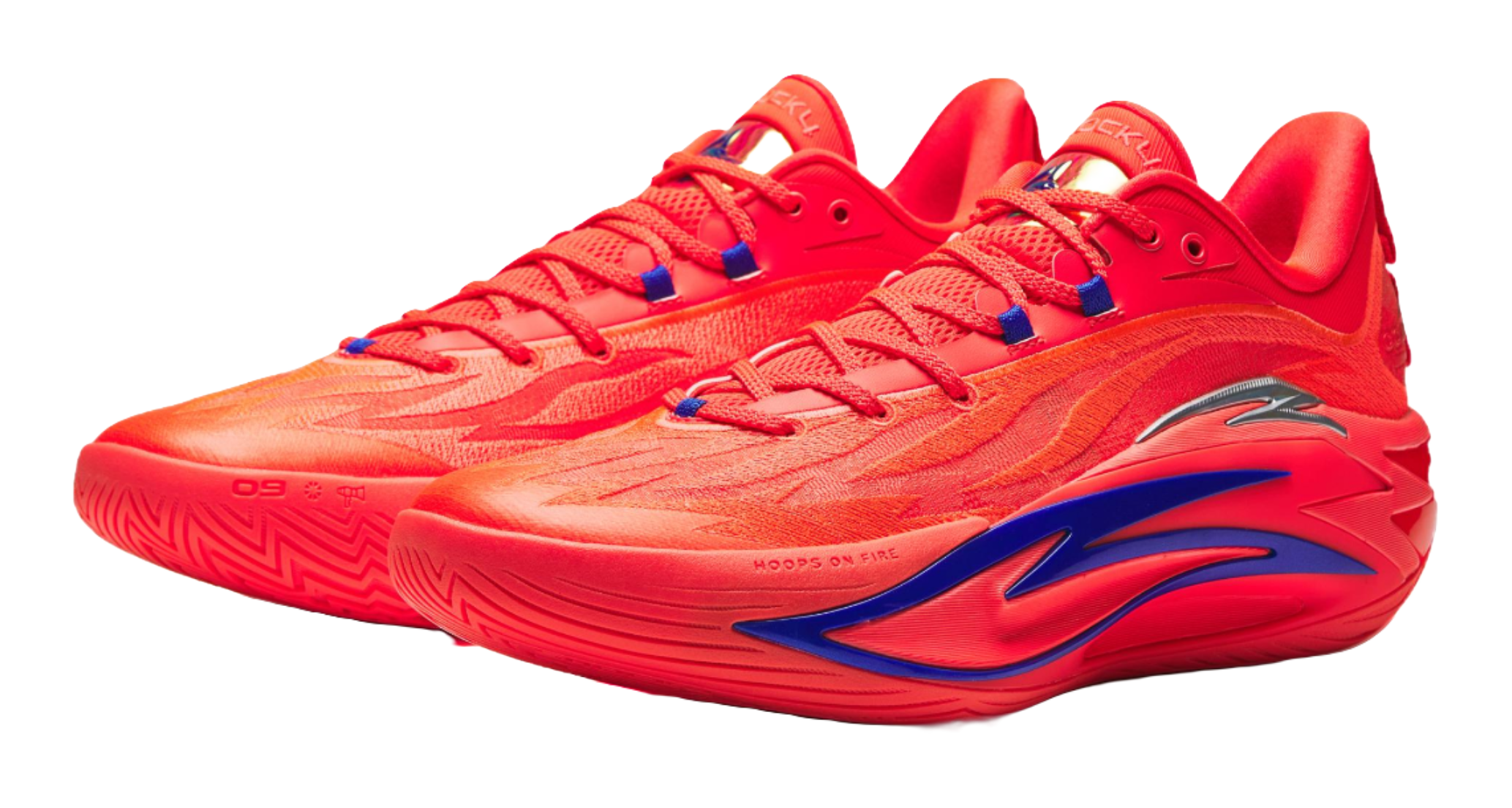 Pair of red basketball shoes with blue lace panels and curved side logo detail