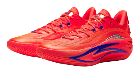 Pair of red basketball shoes with blue lace panels and curved side logo detail