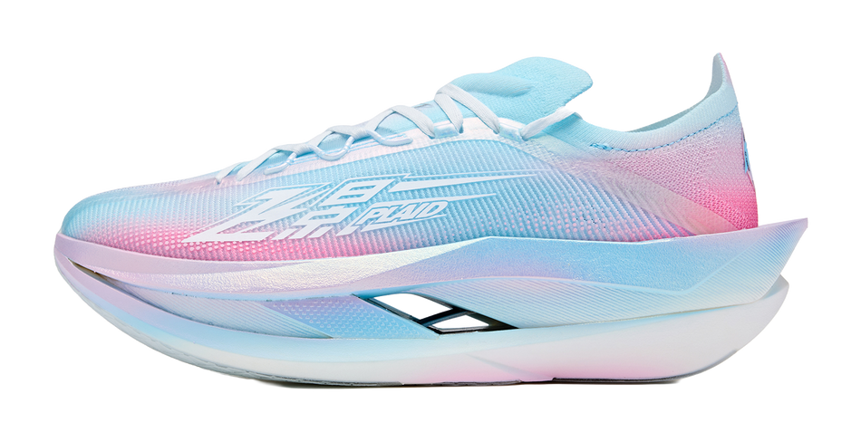 Men's low-top running shoes: light blue knit upper with pink gradient, white sole