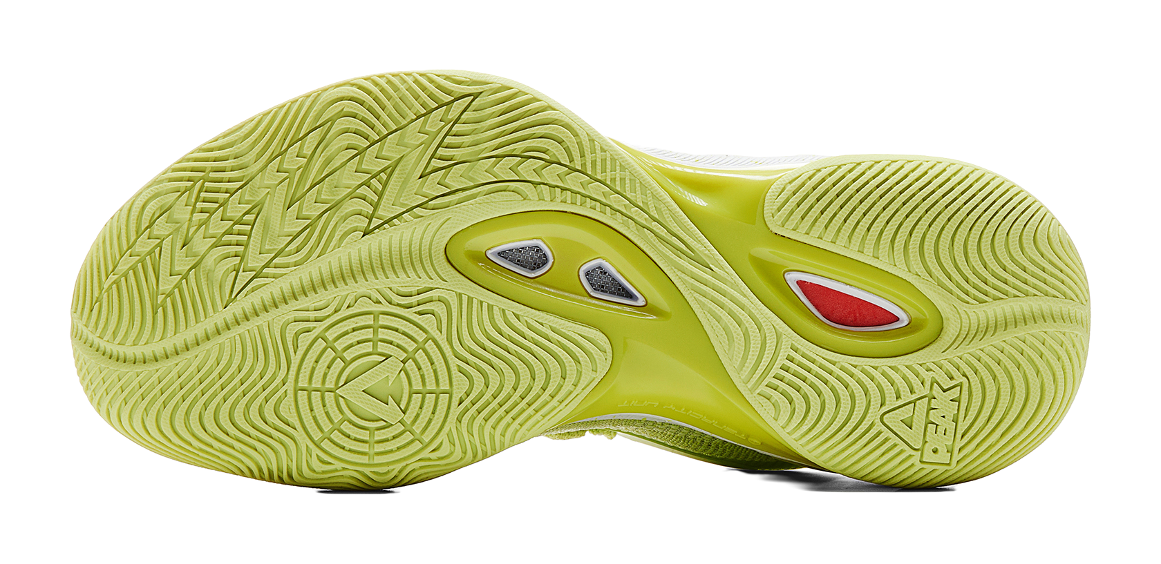Light acid green basketball shoe outsole with deep tread, gray and red traction inserts