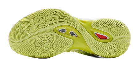 Light acid green basketball shoe outsole with deep tread, gray and red traction inserts