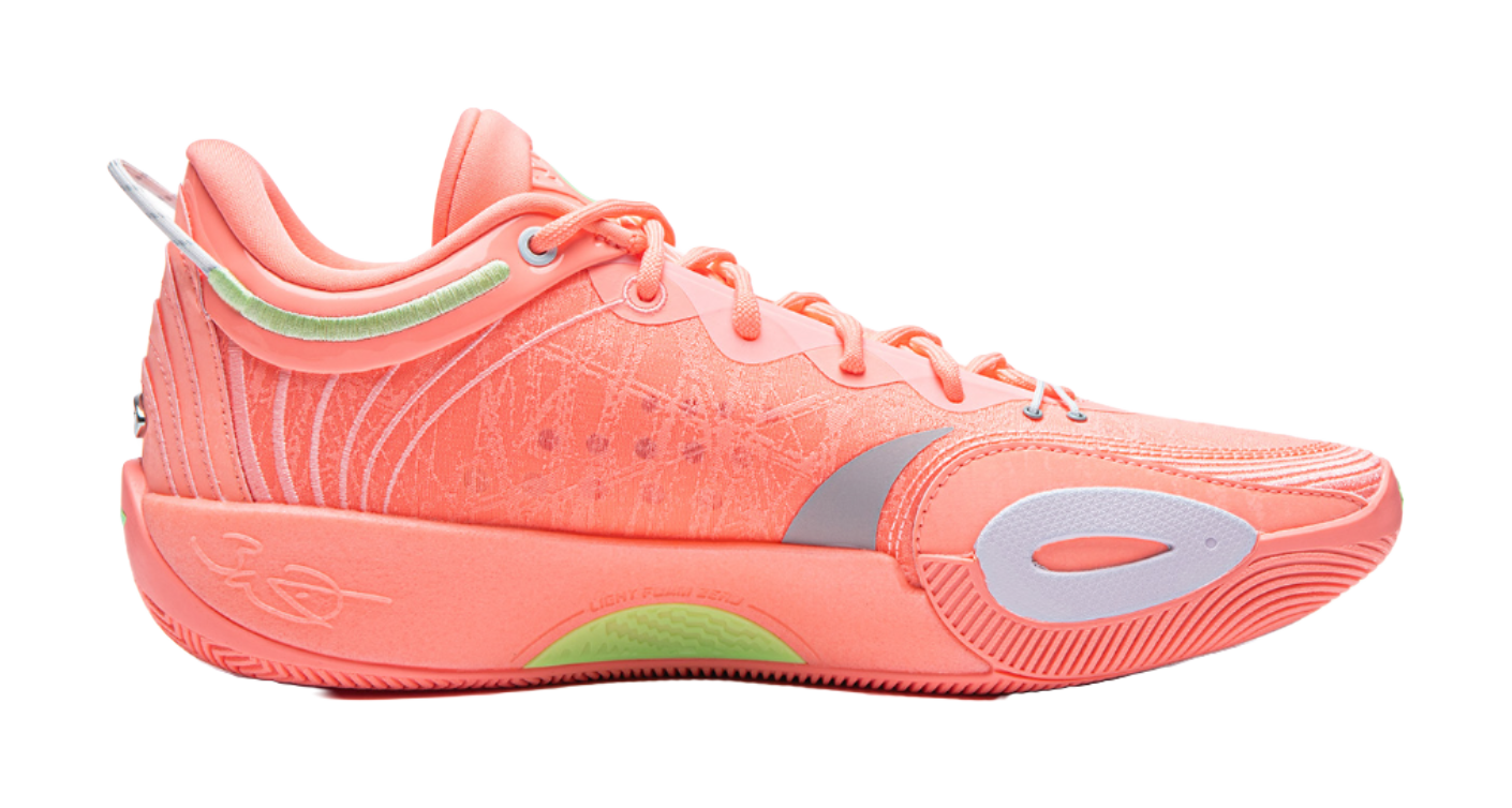 Men's low-top basketball shoes, pink-orange upper with green-trim collar and gray logo