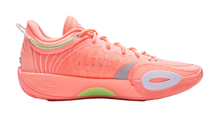 Men's low-top basketball shoes, pink-orange upper with green-trim collar and gray logo