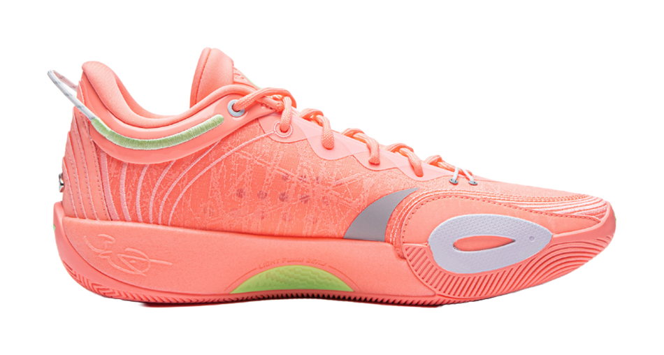 Men's low-top basketball shoes, pink-orange upper with green-trim collar and gray logo