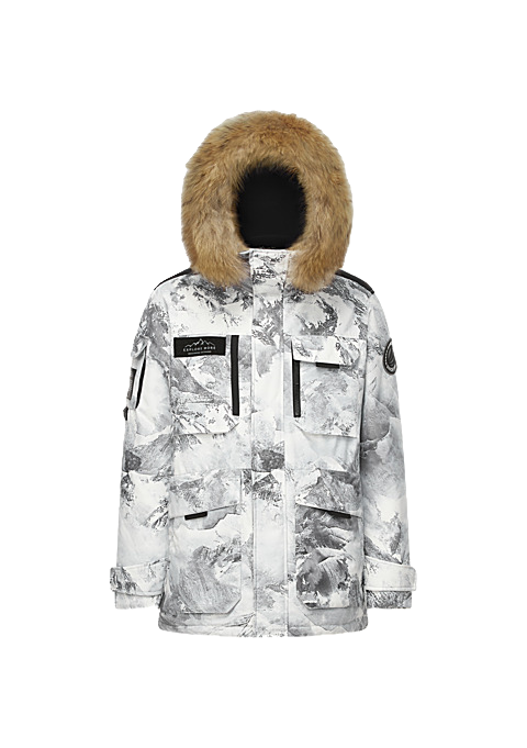 White printed down jacket with faux-fur hood, front zip, and flap cargo pockets.