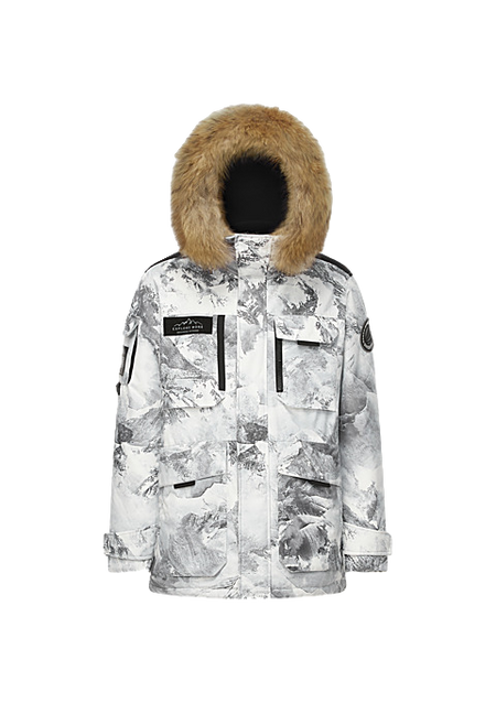 White printed down jacket with faux-fur hood, front zip, and flap cargo pockets.
