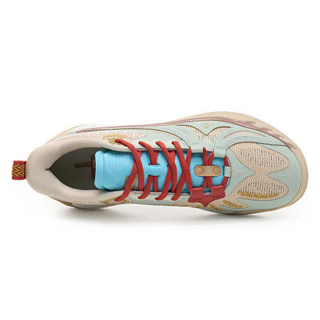 Men's basketball shoe interior view, beige lining with light blue collar and red laces