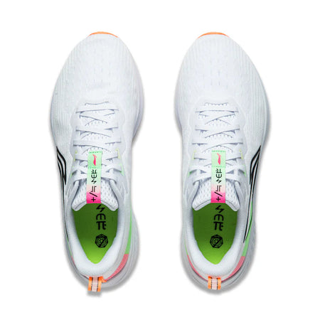 Pair of men's running shoes showing white laces and green insole panel