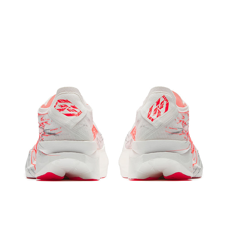 Marathon racing shoe pair, white back view with red accents and cushioned heel