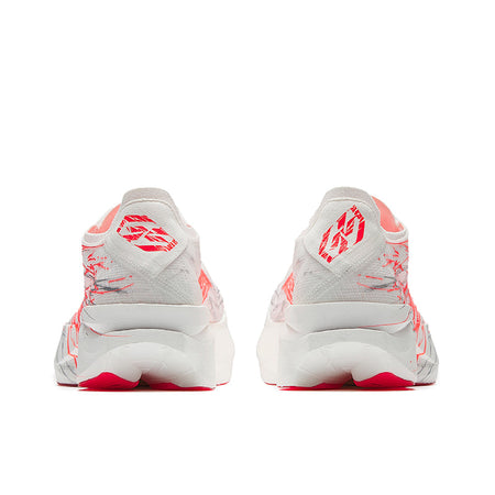 Marathon racing shoe pair, white back view with red accents and cushioned heel