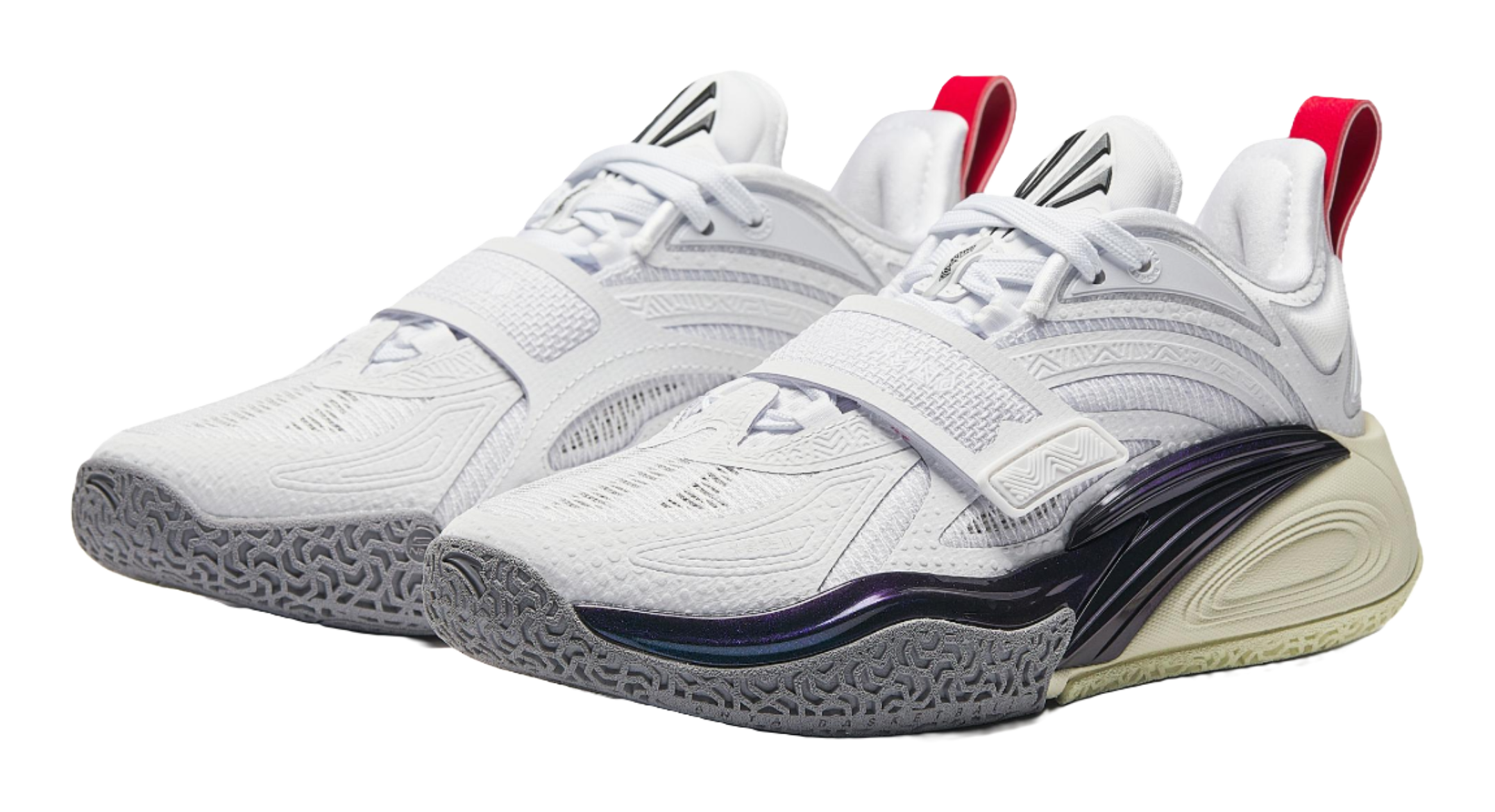 Pair of white basketball shoes with red heel accents and sculpted navy outsole trim.
