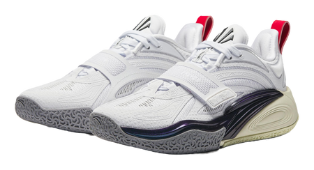 Pair of white basketball shoes with red heel accents and sculpted navy outsole trim.