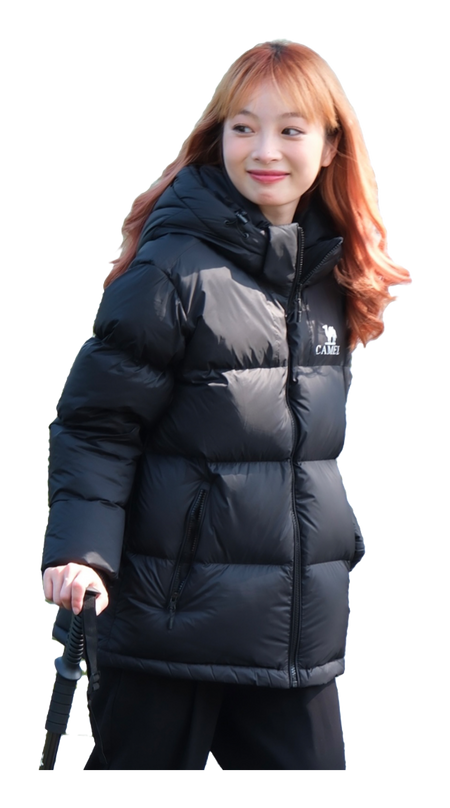 Navy hooded puffer jacket with zip front and CAMEL logo on chest