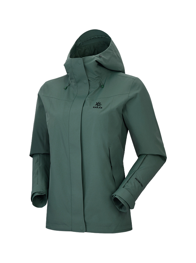 Women's hooded windbreaker jacket in dark teal green with front zipper and elastic cuffs