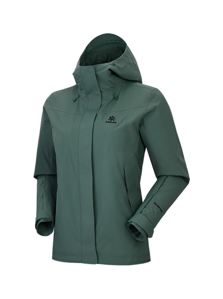 Women's hooded windbreaker jacket in dark teal green with front zipper and elastic cuffs