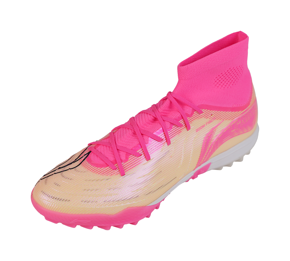 Unisex turf soccer shoe, pink high-top collar, lace-up panel, molded rubber outsole