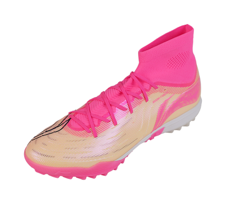 Unisex turf soccer shoe, pink high-top collar, lace-up panel, molded rubber outsole