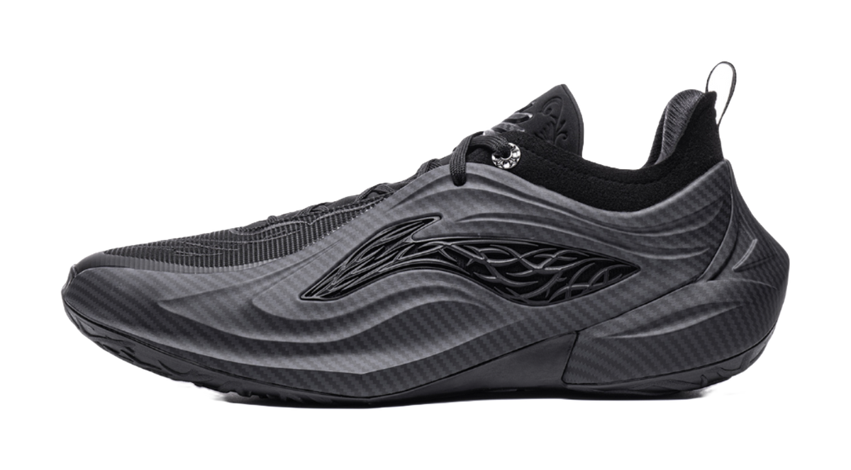 Li Ning low-top basketball shoes, black knit upper with lace-up front