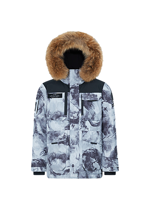 Gray patterned down jacket with faux-fur hood, front zip, and chest flap pockets.