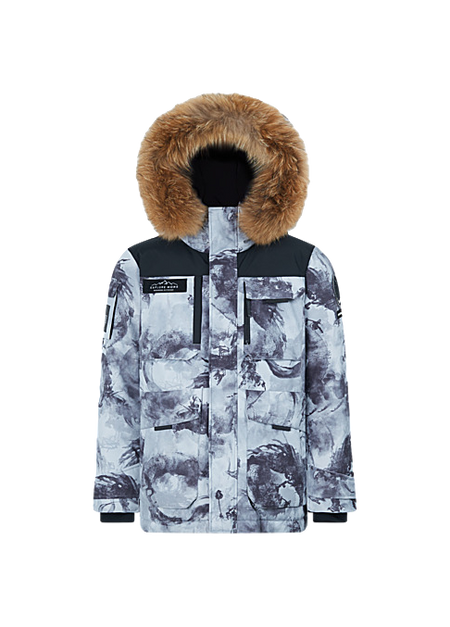 Gray patterned down jacket with faux-fur hood, front zip, and chest flap pockets.
