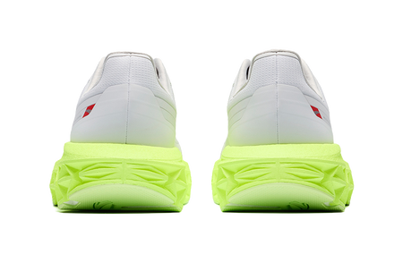 Mens low-top sneakers, rear view with light gray upper and neon green cushioning sole