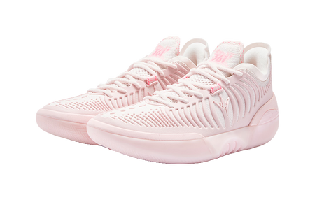 Light pink basketball shoe, laces and textured knit panels on upper